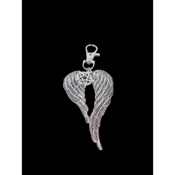 Angel Wing Pentagram Keychain Silver Clip Christian Witch - Picture 7 of 11